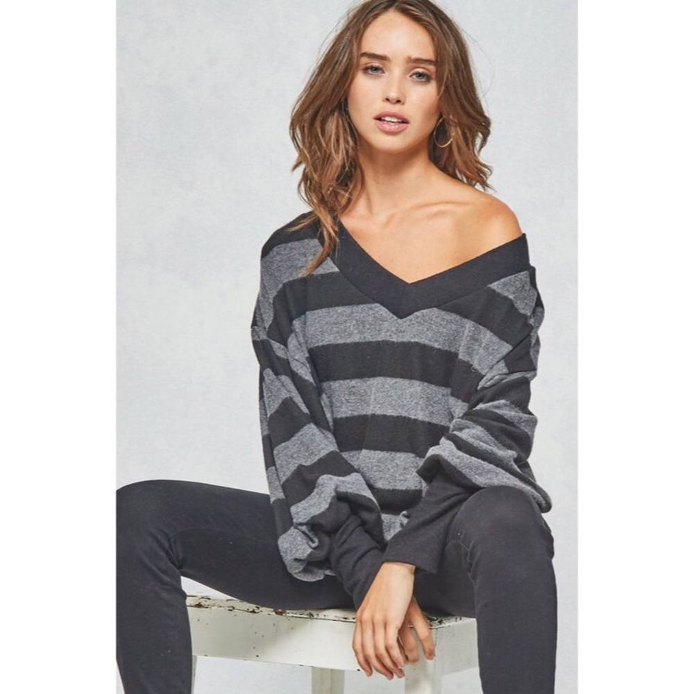 Alexa Brushed Knit Stripe Top - Black/Charcoal - Picture 3 of 5